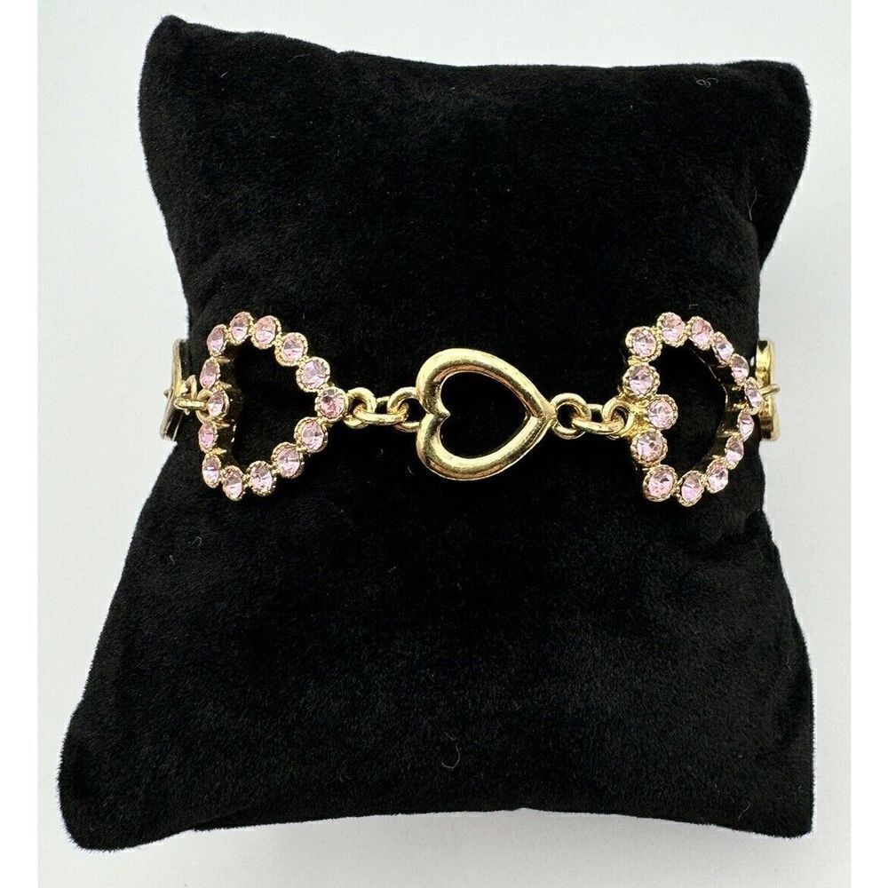 Monet‎ Gold Tone Pink Rhinestone Heart Link Bracelet 7.25” Needs One Stone